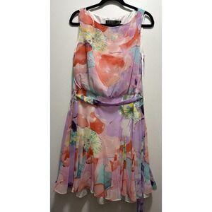 Ralph Lauren Multi-Floral Georgette Belted Flounce Dress, Size 12‎ Large short